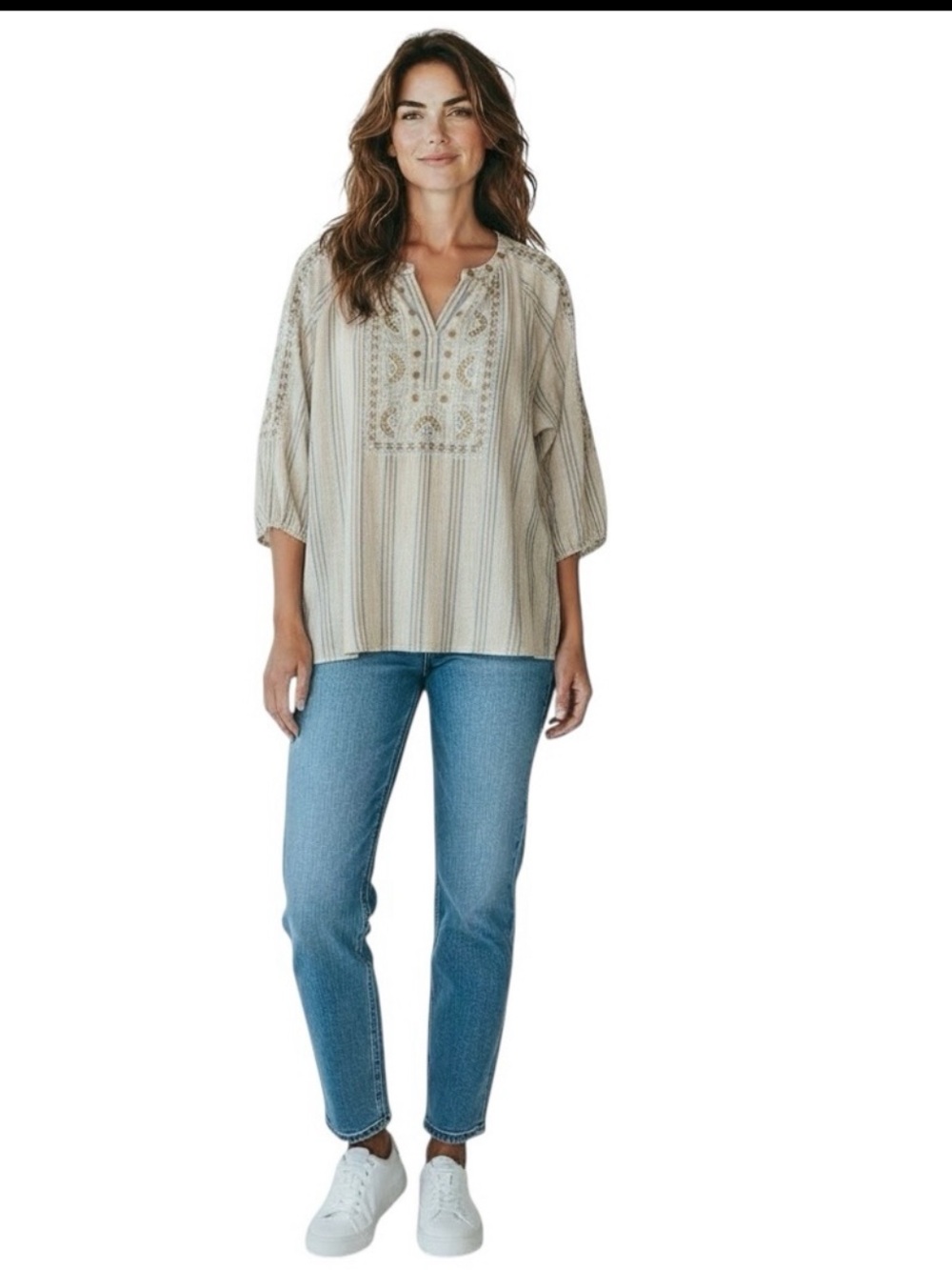 PURE JILL Striped Embroidered Tunic in Beige / Cream Size M — SUPER BOHO VIBES! - Picture 12 of 12